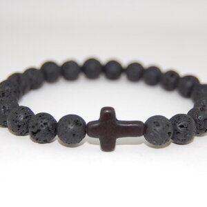 Cross Bracelet,Lava Bracelet,Cross Lava Bracelet,8mm Lava Stone Beads